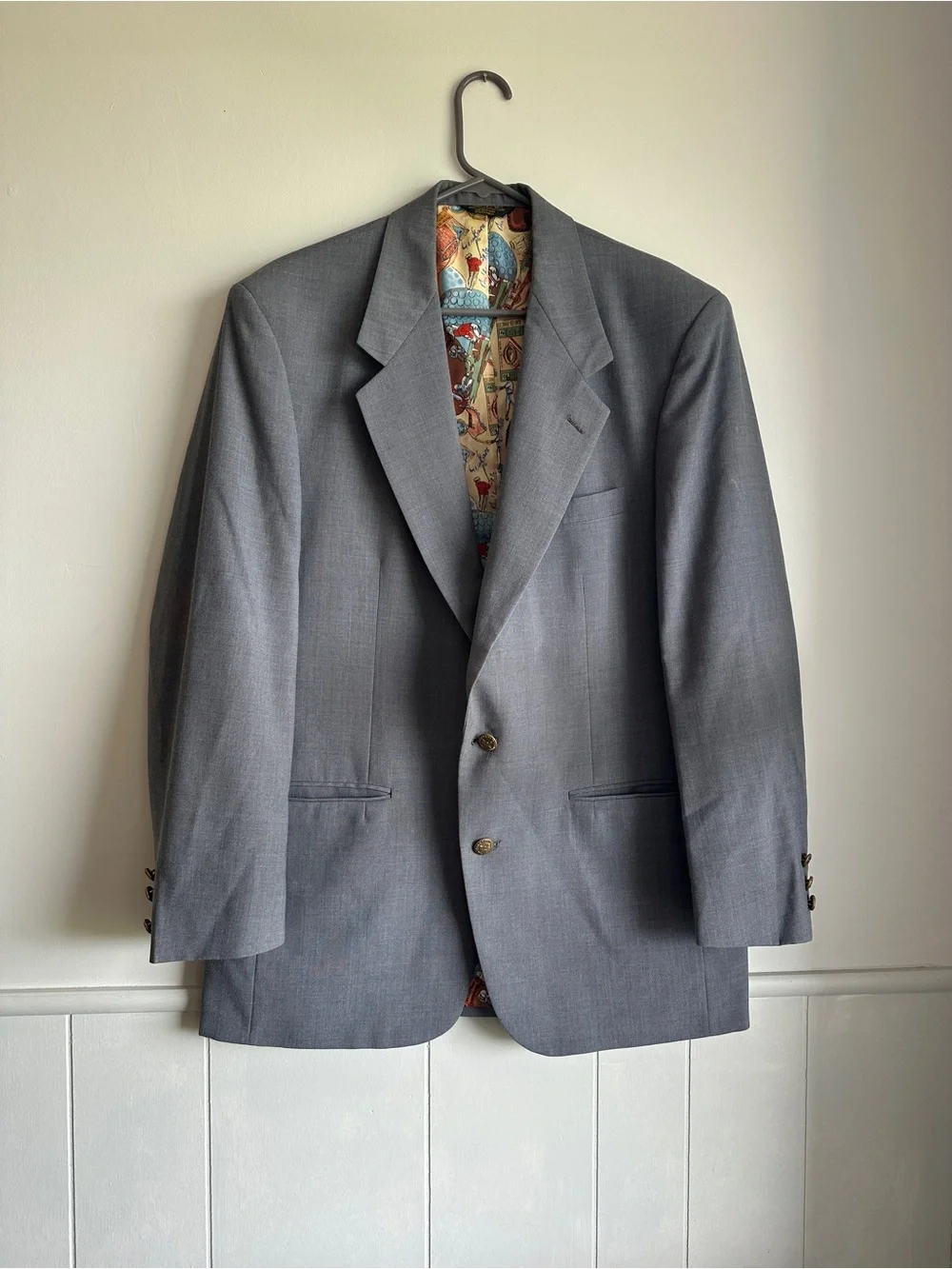Vintage Blue Blazer Sport Coat Gold Crest Buttons Novelty Lining 32x23